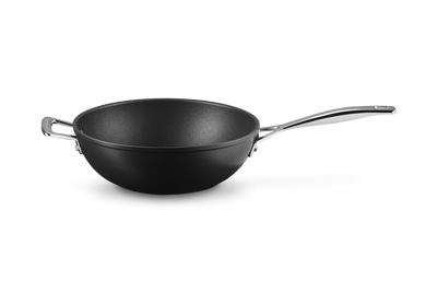 Black stir-fry pan with long handle and helper handle