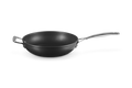 Black deep frying pan with long handle and helper handle