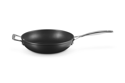 Black deep frying pan with long handle and helper handle