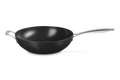 Black stir-frying pan with long handle and helper handle